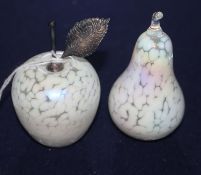 Two John Ditchfield paperweights - an apple with silver leaf mount and a pear
