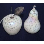 Two John Ditchfield paperweights - an apple with silver leaf mount and a pear