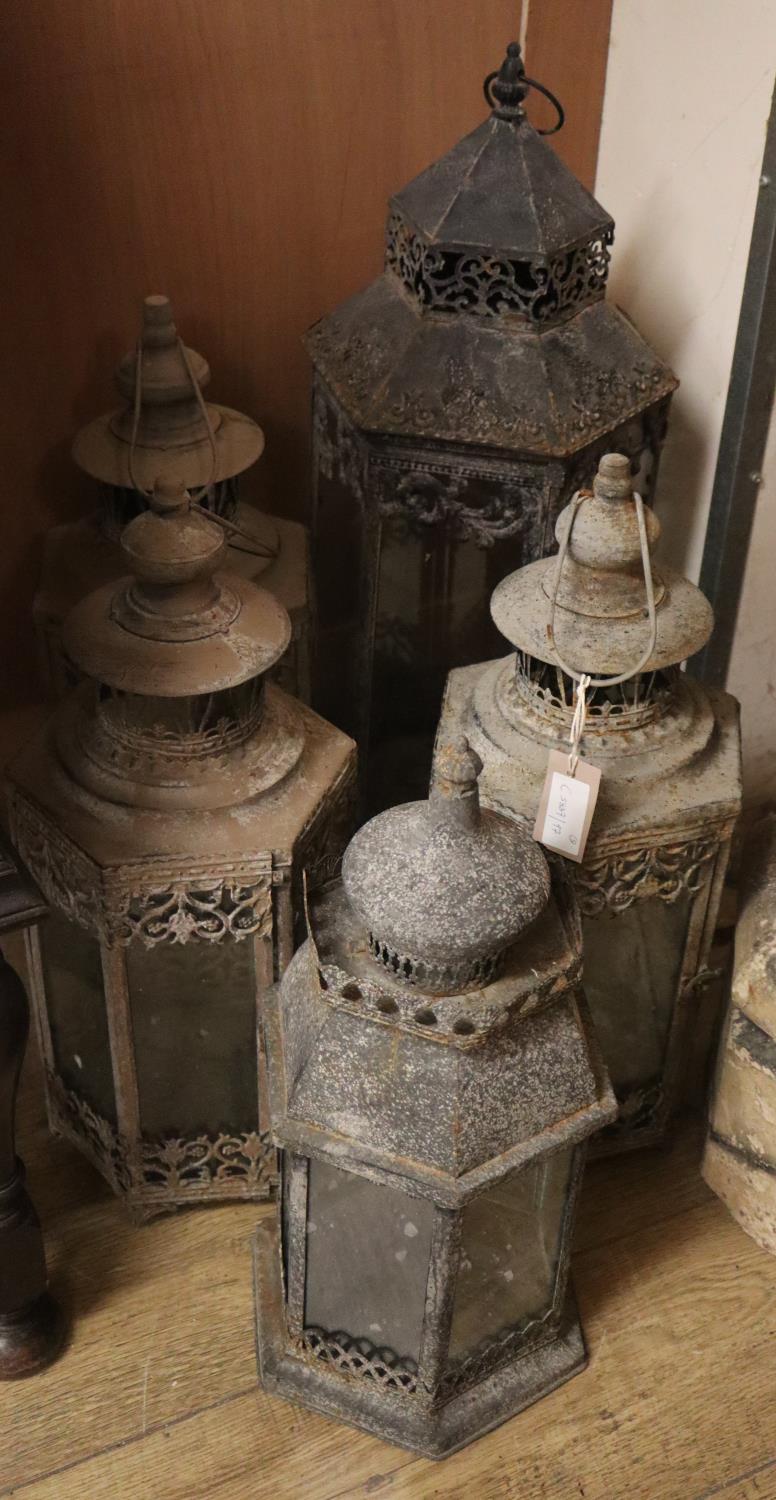 Five assorted aged metal hexagonal Indian lanterns, largest H.58cmCONDITION: All weathered and