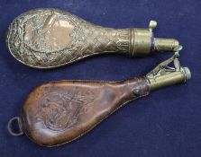 A Victorian brass mounted embossed copper powder flask and a nickel mounted leather shot flask (2)