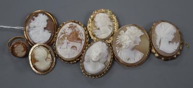 Seven assorted modern yellow metal mounted oval cameo shell brooches, five stamped 9ct and a