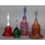 Four Victorian glass hand bells, tallest 28cm