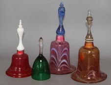 Four Victorian glass hand bells, tallest 28cm