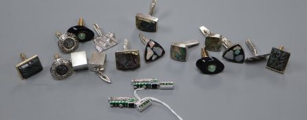 Nine assorted pairs of modern cufflinks, including silver and enamel 'Fling Scotsman' train