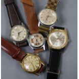 Five assorted gentleman's steel or gold plated wrist watches including Misalla.