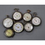 Six assorted silver or white metal fob watches and a silver wrist watch.