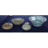 Two Korean celadon jarlets and a dish, and a Jun type dish, largest diameter 11cm
