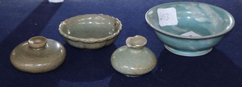 Two Korean celadon jarlets and a dish, and a Jun type dish, largest diameter 11cm