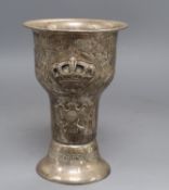 A 1920's Danish white metal presentation vase, embossed with eagle and crown and Danish inscription,