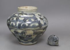 A Korean blue and white vase, Joseon dynasty, height 18cm, and a Korean 'fish' water dropper