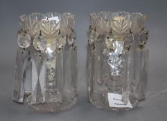 A pair of late Victorian glass lustre hung candlesticks, height 16cm