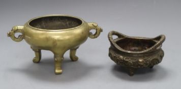 Two Chinese bronze tripod censers, apocryphal seal marks, tallest 10cm