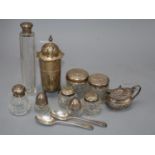 A George V silver muffineer, 3.5oz, 15.5cm, a late Victorian embossed silver mustard pot and ten