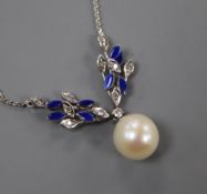 A modern white metal, cultured pearl, diamond and blue enamel set drop pendant necklace, pendant