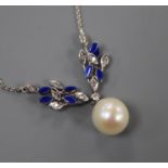 A modern white metal, cultured pearl, diamond and blue enamel set drop pendant necklace, pendant