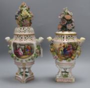 Two similar Potschappel, Dresden pot pourri urns and covers, c.1900-10, each painted with Kauffman