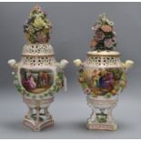 Two similar Potschappel, Dresden pot pourri urns and covers, c.1900-10, each painted with Kauffman