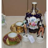 A Royal Crown Derby vase, a pair of Neapolitan Commedia dell'Arte figures and two Vienna style