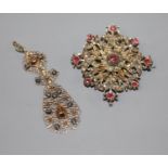 An Indian? white and yellow metal, rose cut diamond and ruby set flowerhead brooch, 48mm, 19.2 grams