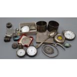 Mixed collectables including five assorted pocket watches including silver, a silver sovereign case,