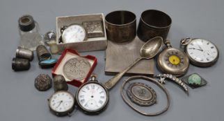 Mixed collectables including five assorted pocket watches including silver, a silver sovereign case,