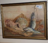 Mabel E. Day, watercolour, Still life of fish and crustaceans, signed, 38 x 52cmCONDITION: