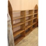 A large Gothic style oak open bookcase, L.260cm, D.26cm, H.158cm