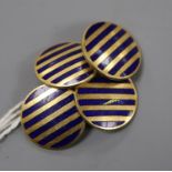 A pair of 18ct and enamel disc cufflinks, diameter 14mm, gross 8.3 grams.CONDITION: Nicks and