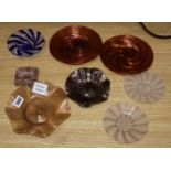 Eight various Murano aventurine and latticino glass dishes and bowls, largest diameter 18cm