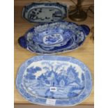 An 18th century Chinese blue and white octagonal dish and three Staffordshire pottery dishes, length