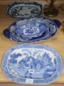 An 18th century Chinese blue and white octagonal dish and three Staffordshire pottery dishes, length