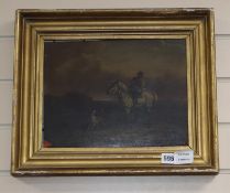 J. Freeman (19th C.), oil on panel, Horse rider and dog in a stormy landscape, signed and dated