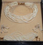 A modern yellow metal, diamond and multi strand cultured pearl set demi parure, comprising a