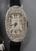 A lady's French 1930's/1940's white metal (inscribed Platine) and diamond set oval cocktail watch,