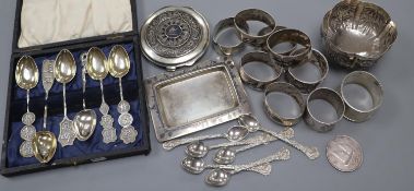 Assorted continental white metal and niello items including napkin rings, compact and dish and a