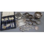 Assorted continental white metal and niello items including napkin rings, compact and dish and a