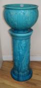 A Burmantofts blue jardiniere and pedestal, overall height 97cm