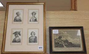 Four 17th century Dutch School engravings, portraits of ladies, 11 x 7.5cm and an engraving of
