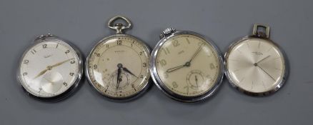 Four assorted base metal pocket watches.