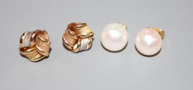 A pair of 18ct three-colour gold stud earrings and a pair of 750 and cultured pearl stud earrings,