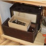 A Culpepper type microscope box, one other and microscope parts and a bakelite radio