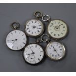 Four assorted continental white metal fob watches and one silver fob watch.