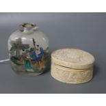 An ivory box and a Chinese glass scent bottle, height 8cm