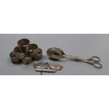 A pair of Victorian silver wine labels, pair of silver salad servers, pencil holder and six plated