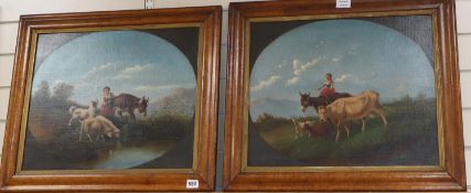 19th century English School, pair oils on canvas, Alpine scene with a child herdsman, cattle and