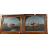 19th century English School, pair oils on canvas, Alpine scene with a child herdsman, cattle and