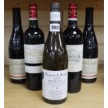 Five bottles of wine: Hospices de Beaune 2005 Meursault, two Grand Cru Saint-Emillion 2014 and two