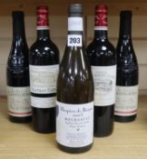 Five bottles of wine: Hospices de Beaune 2005 Meursault, two Grand Cru Saint-Emillion 2014 and two