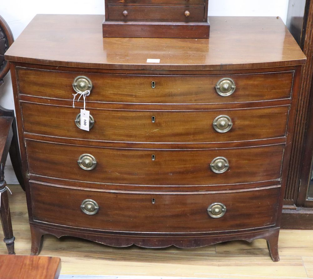 A Regency mahogany bowfront chest, W.98cm, D.57cm, H.83cmCONDITION: General water marks and