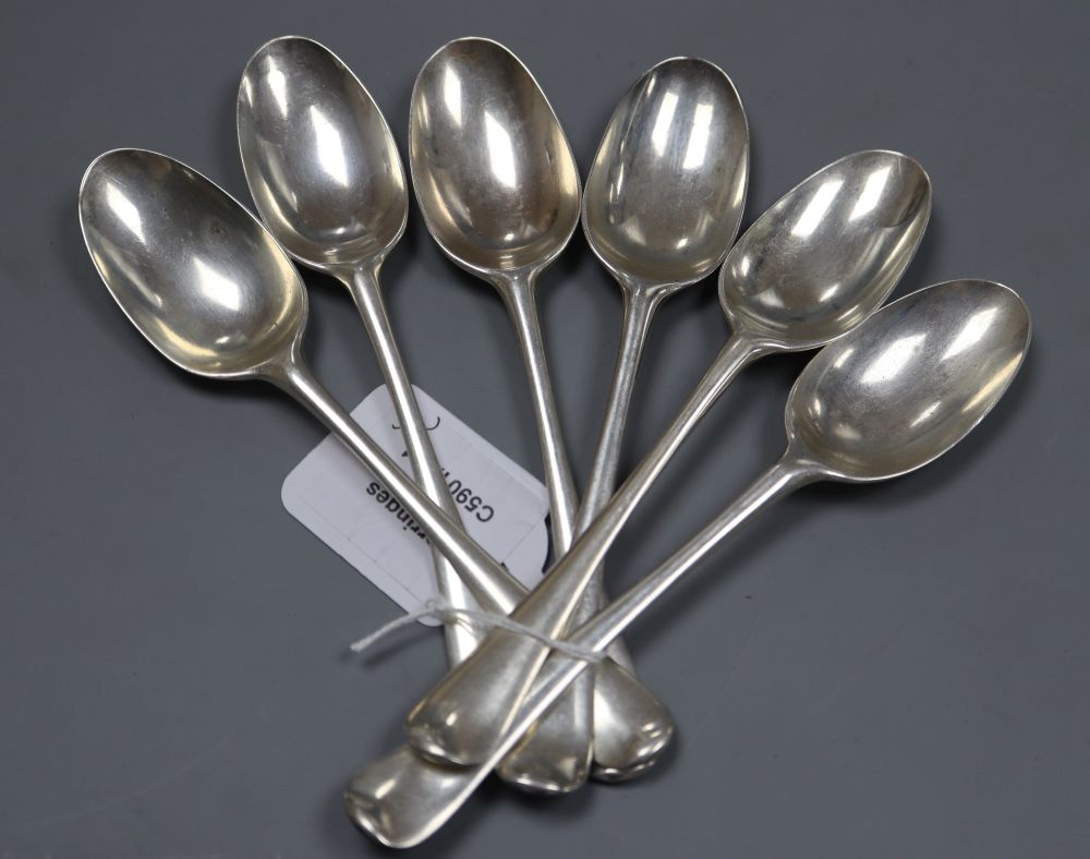A set of six late George II silver Old English pattern dessert spoons, Ebenezer Coker, London, 1756,